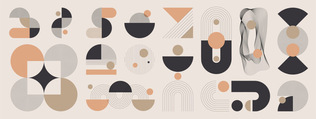 Hand drawn abstract minimal element mid century vector set. Aesthetic contemporary stripe line art, geometric shape in monochrome. Art form design for wall art, decoration, wallpaper.