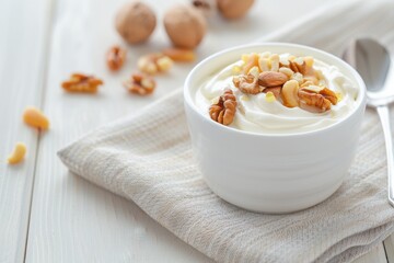 A bowl of yogurt with nuts on top of a white cloth