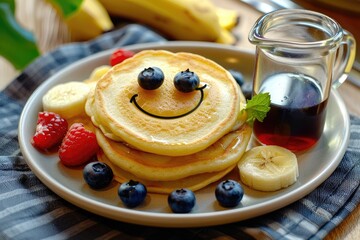 Happy Breakfast Stack with Syrup and Berries, Pancake Smiles
