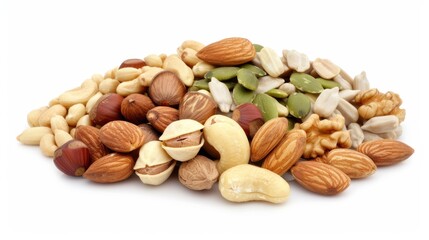 Obraz premium A pile of nuts and seeds on a white background