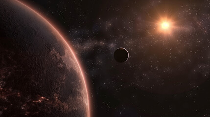 Obraz premium A telescope's view of a distant exoplanet orbiting a star, with faint nebulae in the background