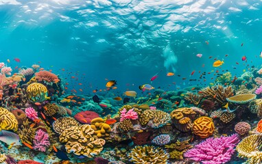 Naklejka premium A vibrant coral reef explodes with life, teeming with colorful fish and an array of fascinating sea creatures, showcasing the breathtaking beauty of marine life in its natural underwater habitat.