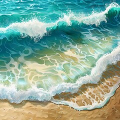 Obraz premium Turquoise Waves Crashing on Tropical Beach, Highly Detailed Paradise Illustration, AI-Generated High-Resolution Wallpaper for Serene and Idyllic Coastal Scenes