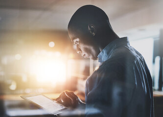 Businessman, research and browsing with tablet for news, planning tasks or schedule at office....