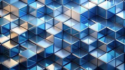 Geometric modern cube pattern forms a futuristic business background with sleek metallic textures, subtle grid lines, and a blend of blue and white hues.