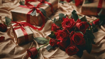 Red Roses and Gifts on Satin Fabric