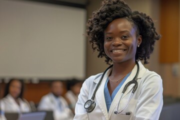 Medical instructor leading group of diverse students in white lab healthcare environment
