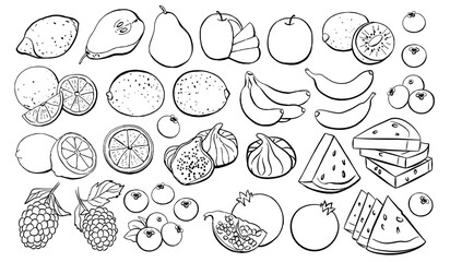 Black Fruit Outline Icon Set Isolated on White Background