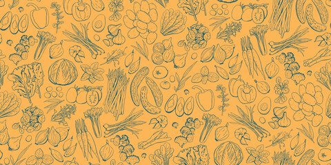 Vegetables Outline Seamless Pattern on Orange Background