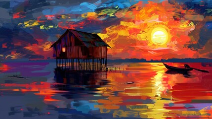 Fototapeta premium Colorful digital painting of a house on stilts in a lake at sunset with a boat nearby