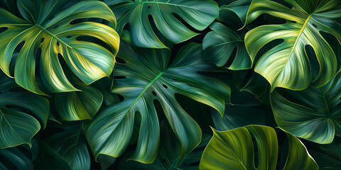 Fototapeta premium Vibrant Green Tropical Leaves Background with Monstera Foliage for Natural and Exotic Vibes