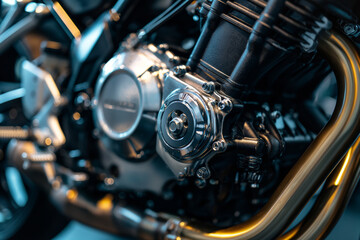 Fototapeta premium Close Up of a Shiny Motorcycle Engine with Chrome Details
