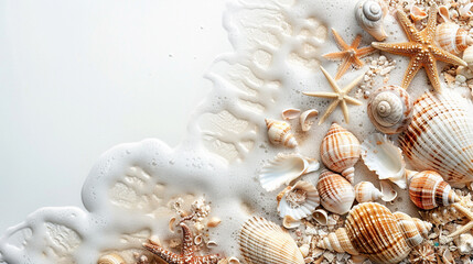 Obraz premium Tropical beach. Sand, shells and ocean waves on the shore. 