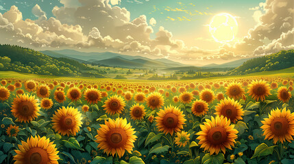 Ultra Realistic Sunflowers: Vibrant Backlit Flowers with Cartoon Background