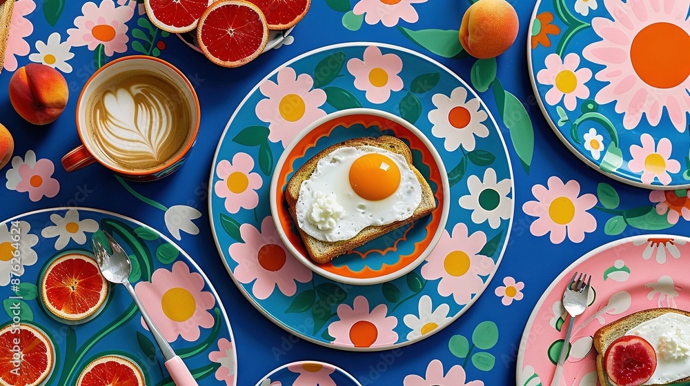 Poster close-up photo of an egg on toast with slices of grapefruit