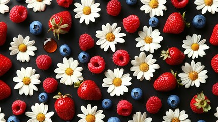   Strawberries, Raspberries, Daisies, Blueberries arranged on a Black Surface