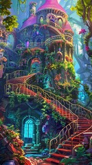 Fototapeta premium A magical bank guarded by mythical creatures, bright colors, illustration, fantasy style, detailed and whimsical