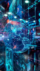 A holographic display of global climate data in a research lab, tech, cool tones, sharp focus, environmental awareness