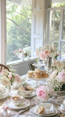 Fototapeta premium A birthday tea party with vintage china and floral decorations, elegant, pastel, detailed, charming gathering