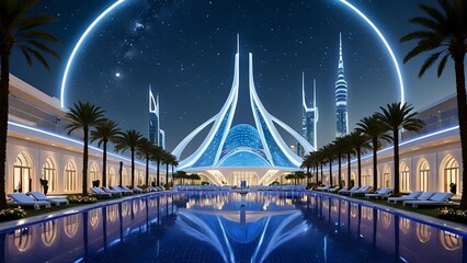Futuristic city skyline with a swimming pool at night.