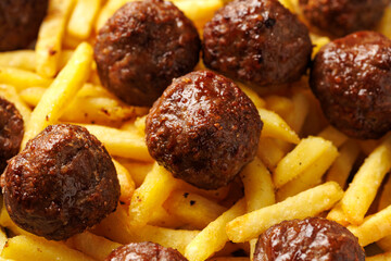 Beef meatballs and french fries. Fast food, Take away food