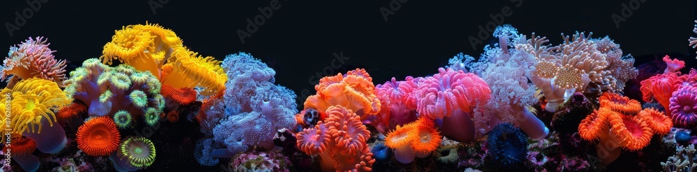 Poster a row of colorful flowers on a black background, creating a vibrant display