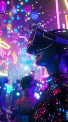 A birthday party in a virtual reality setting with avatars, tech, neon, immersive, futuristic fun