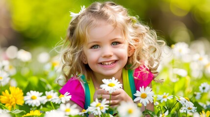 Fototapeta premium beautiful toddler in daisy flowers in a clearing. Concept: children in nature, relaxation and walks