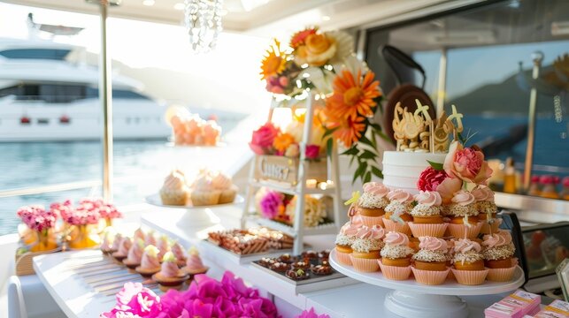 A birthday party on a yacht with friends and decorations, luxurious, vibrant, detailed, upscale celebration
