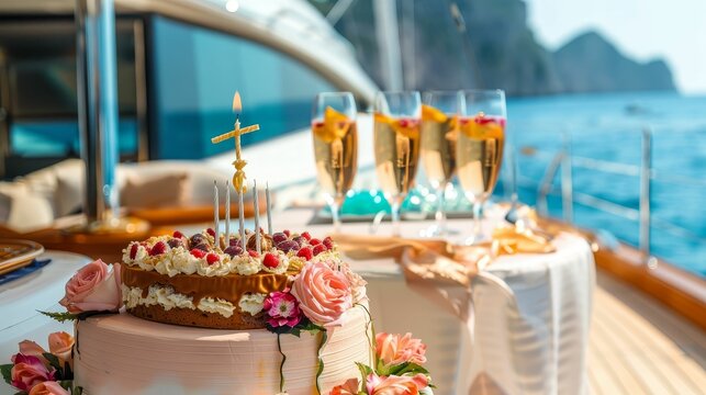 A birthday party on a yacht with friends and decorations, luxurious, vibrant, detailed, upscale celebration