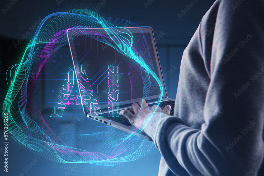 Aufkleber Side view of hacker using computer with creative digital tech circle on blurry dark office background. Big data, hacking and technology concept. Double exposure.