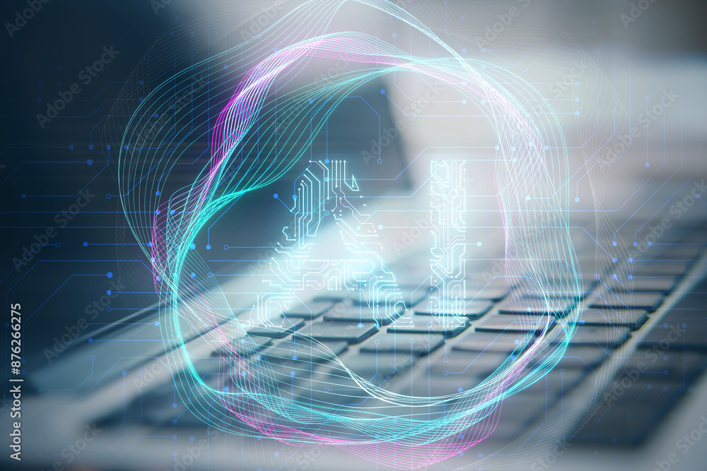 Poster close up of laptop with creative digital tech circle on blurry background. big data and technology c