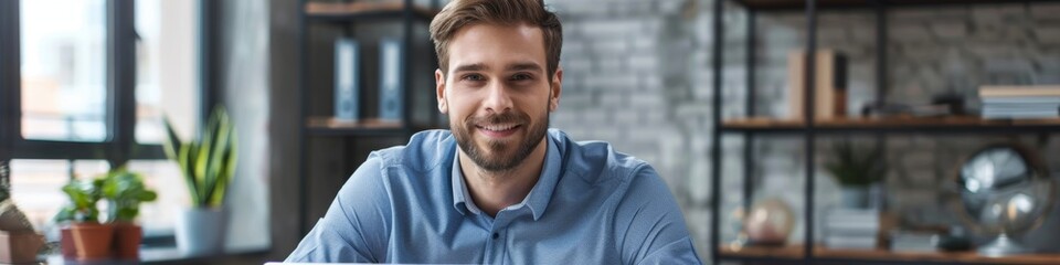Fototapeta premium Portrait of a Successful and Confident Young Man in a Blue Shirt Working on a Laptop at Office Desk, Smiling at the Camera, Labor Day Overwork, AI-Generated High-Resolution Wallpaper