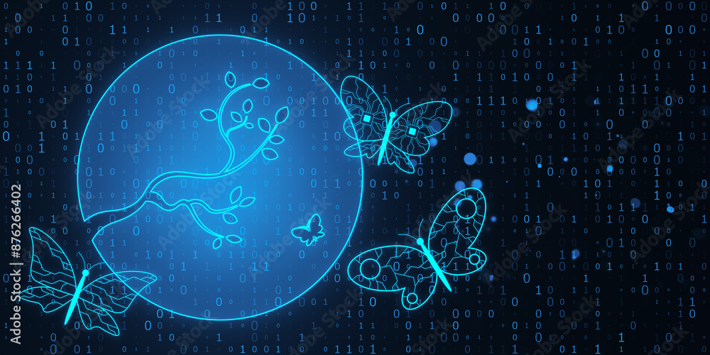 Aufkleber Creative binary coding background with nature and butterflies. AI art and innovation concept. 3D Rendering.