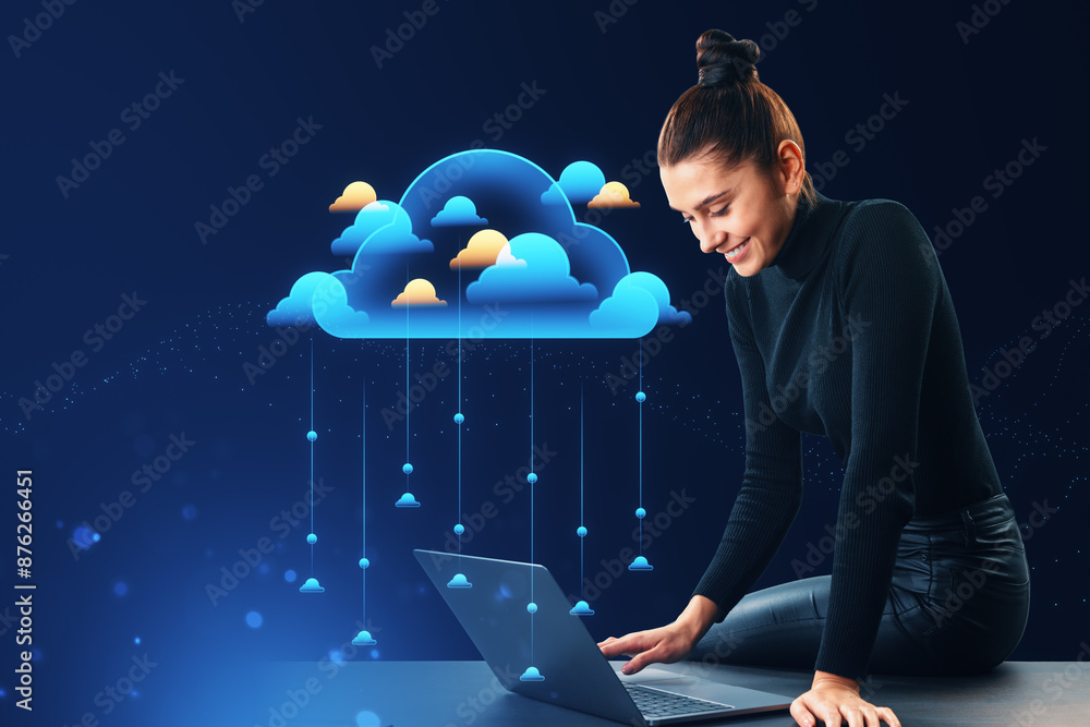 Poster attractive happy young woman sitting and using laptop with creative cloud computing hologram with tr