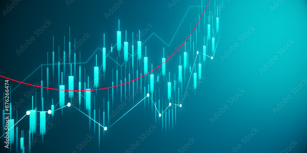 Poster creative glowing growing business chart on blurry blue background with mock up place. financial grow