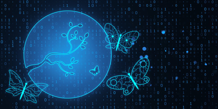 Creative binary coding background with nature and butterflies. AI art and innovation concept. 3D Rendering.