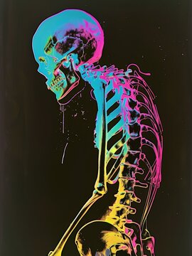A vibrant, colorful X-ray image of a human skeleton viewed in profile