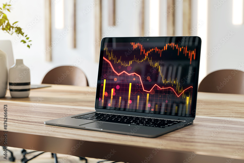 Poster close up of laptop on wooden desk with downward red forex chart on blurry background. crisis and fin
