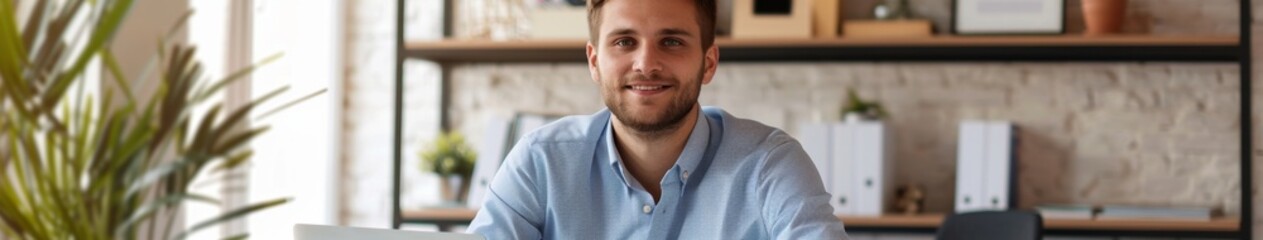 Fototapeta premium Portrait of a Successful and Confident Young Man in a Blue Shirt Working on a Laptop at Office Desk, Smiling at the Camera, Labor Day Overwork, AI-Generated High-Resolution Wallpaper