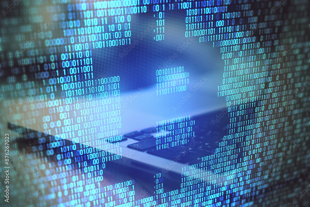 Poster Close up of blue binary coding hologram with bitcoin outline on blurry workplace background. Digital money and cryptocurrency concept. Double exposure.