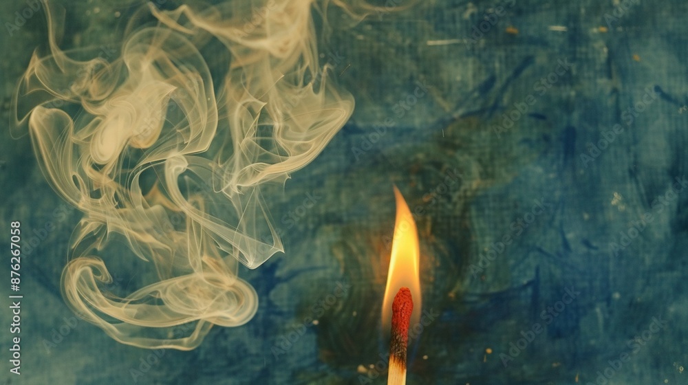 Poster a close-up image of a candle on a table with smoke emerging from its upper and lower ends