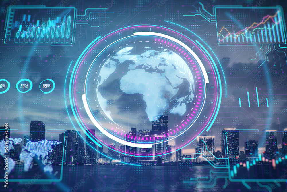 Poster digital business interface with charts and globe on blurry toned city background. global business, d
