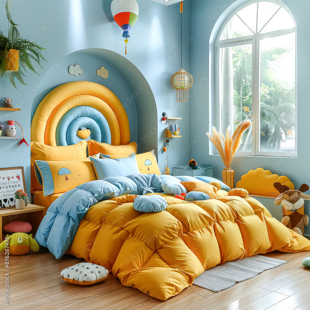 Poster a bedroom with a bed that has a colorful pattern of clouds and animals on it.