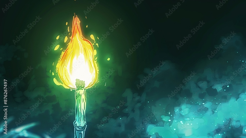 Poster a torch in darkness with a vibrant yellow flame emanating from its tip