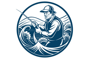 Vintage style fisherman reeling in a catch.eps