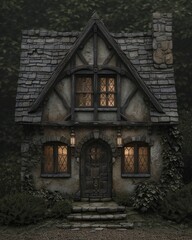 Witch's cottage ambiance, capturing the mystical and enchanting atmosphere of a whimsical woodland home.