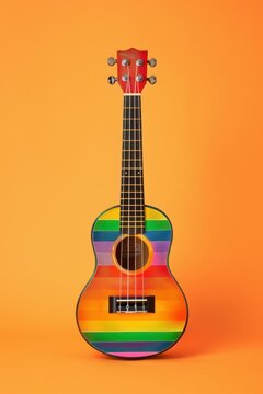 a rainbow colored ukulele sits on an orange background