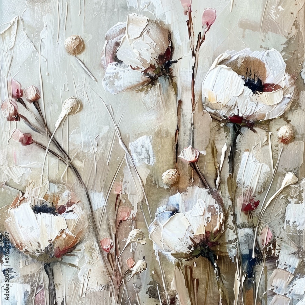 Wall mural A close-up of an abstract oil painting depicting white flowers with delicate stems in a warm, earthy color palette