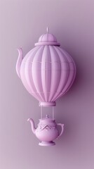 a teapot and a hot air balloon on a purple background